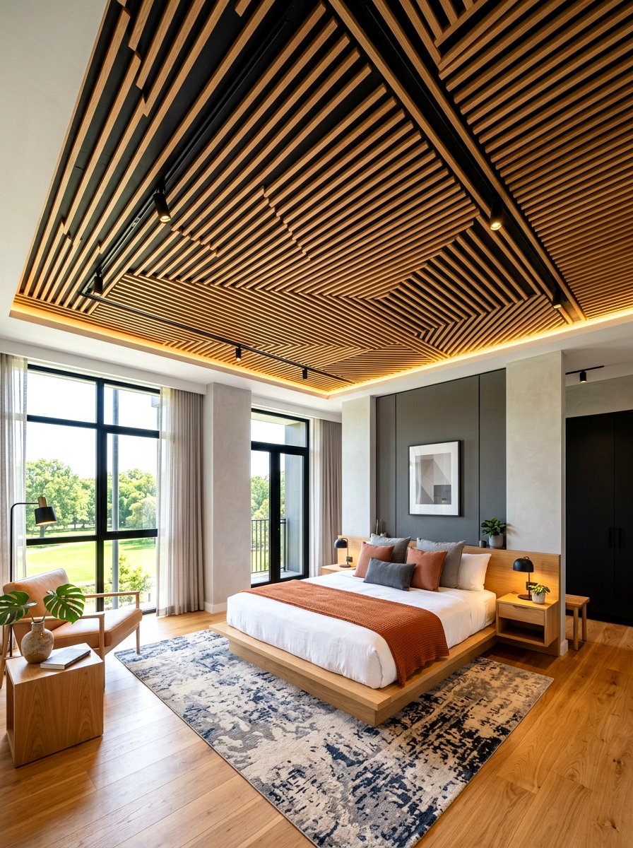 Geometric Wood Slat - 30 bedroom ceiling ideas