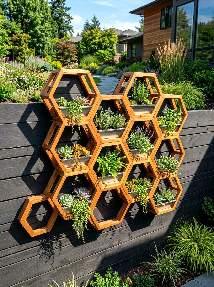 Geometric Wood Wall Planter - 30 fence vertical garden ideas