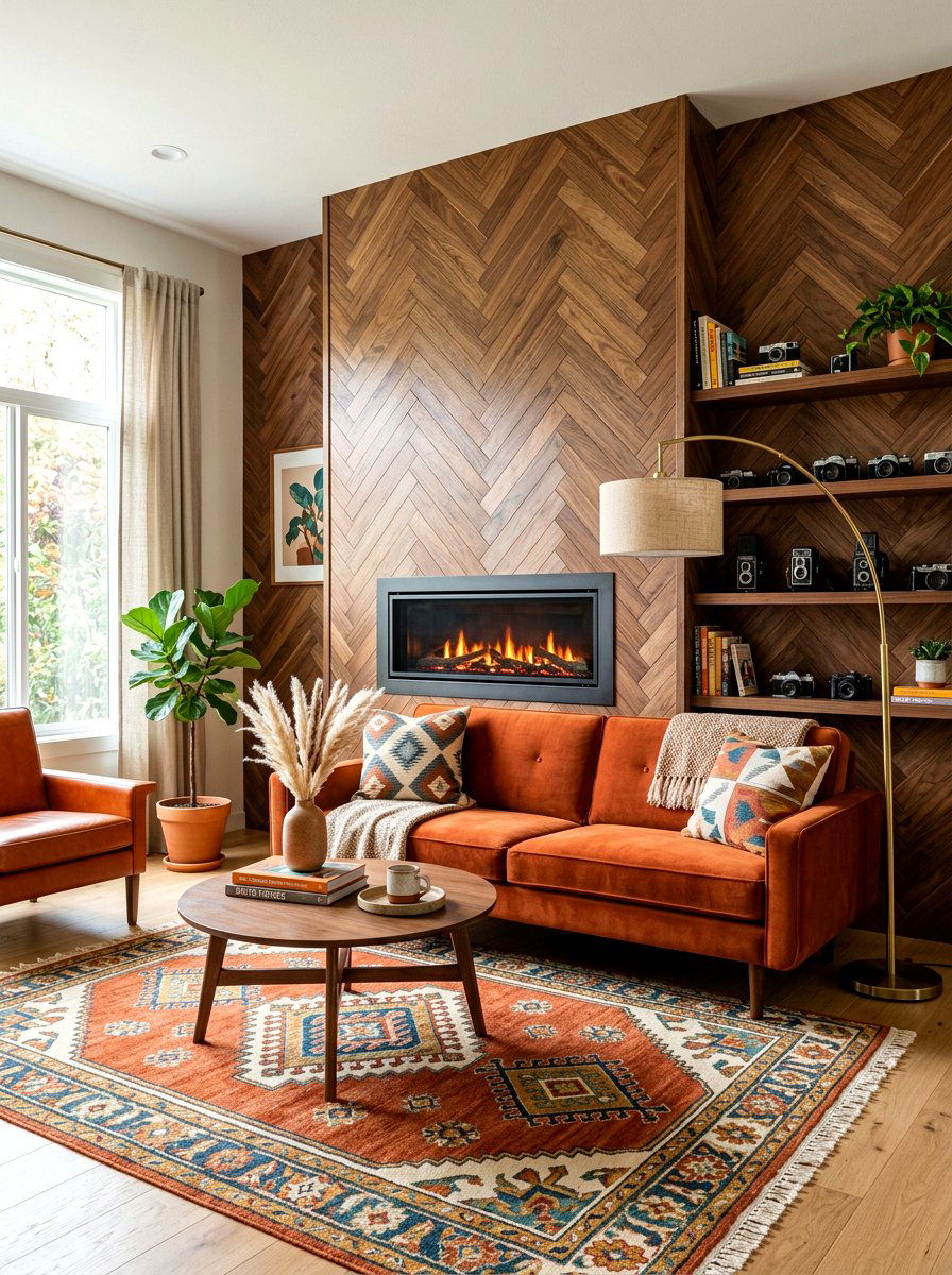 Geometric Wood Wall - 30 electric fireplace wall ideas