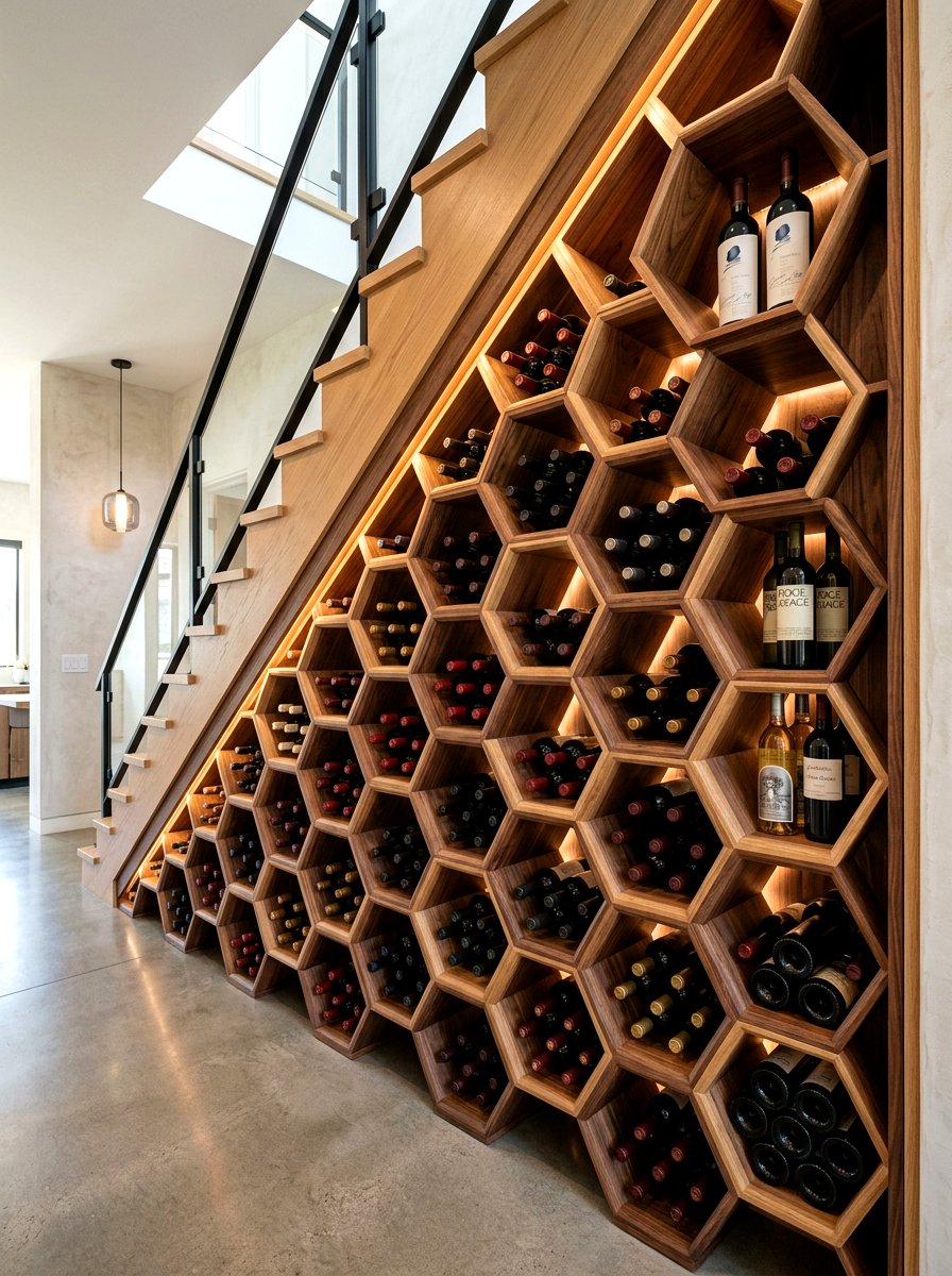 Geometric Wood Wine Cubby - 30 under stairs wine nook ideas