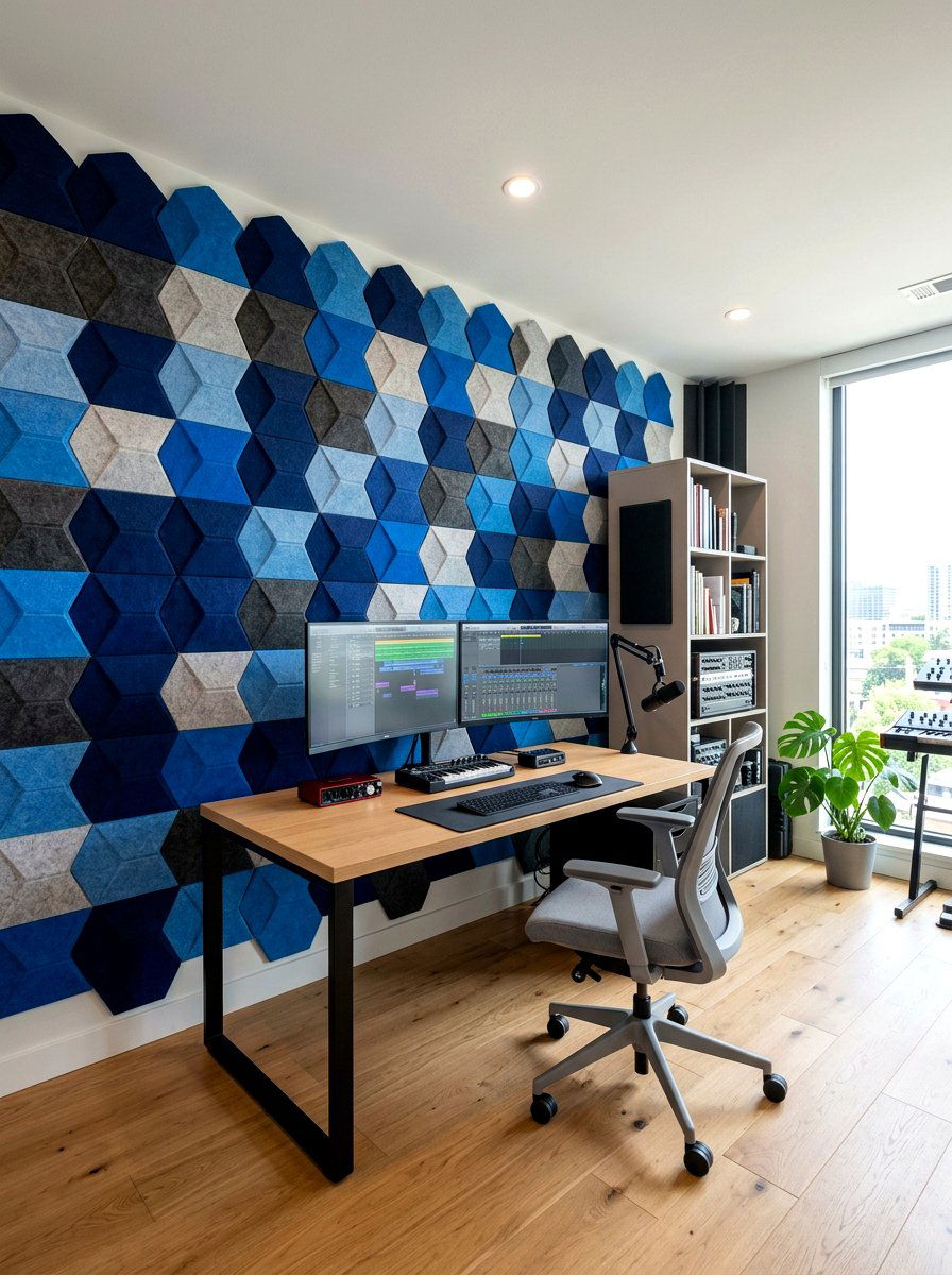 Geometric acoustic panel wall - 30 recording room ideas