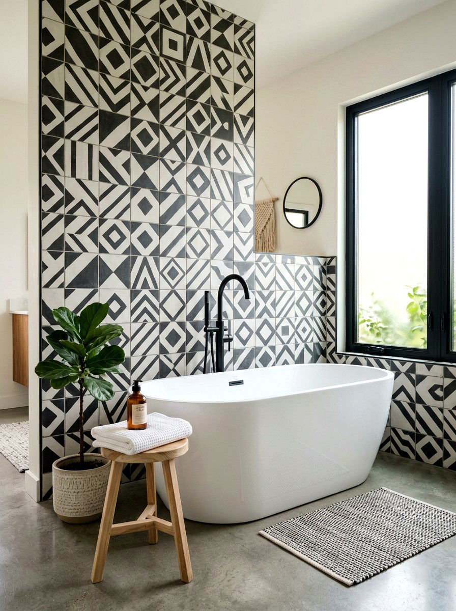 Geometric cement tile - 30 tub surround ideas