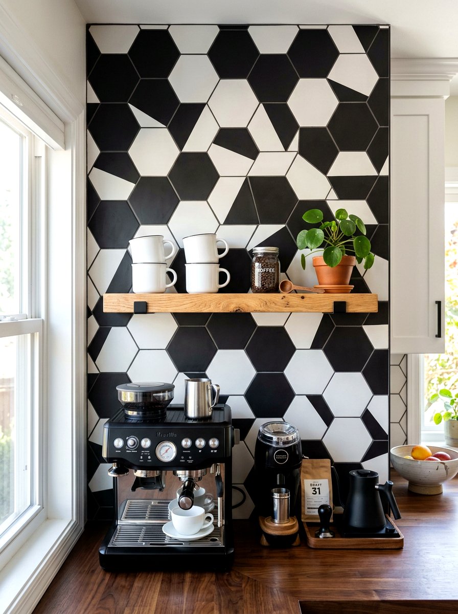 Geometric coffee backsplash wall - 30 coffee pantry wall ideas
