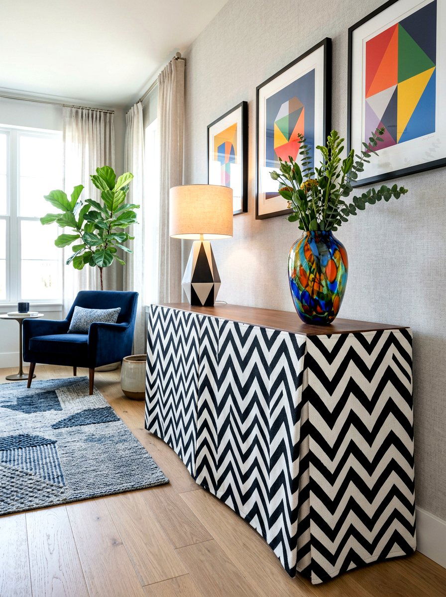 Geometric console skirt - 30 skirted console table ideas