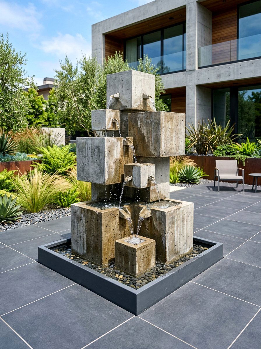 Geometric fountain - 30 patio fountain ideas