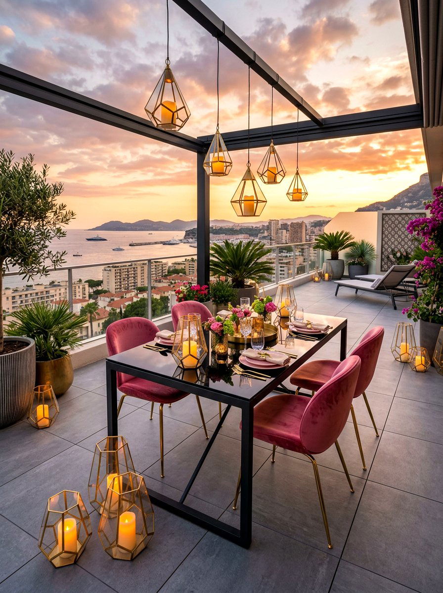 Geometric gold lanterns modern terrace - 30 candle lantern patio styling ideas