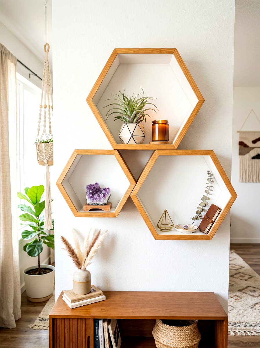 Geometric hexagon shelf - 30 wall shelf decor ideas