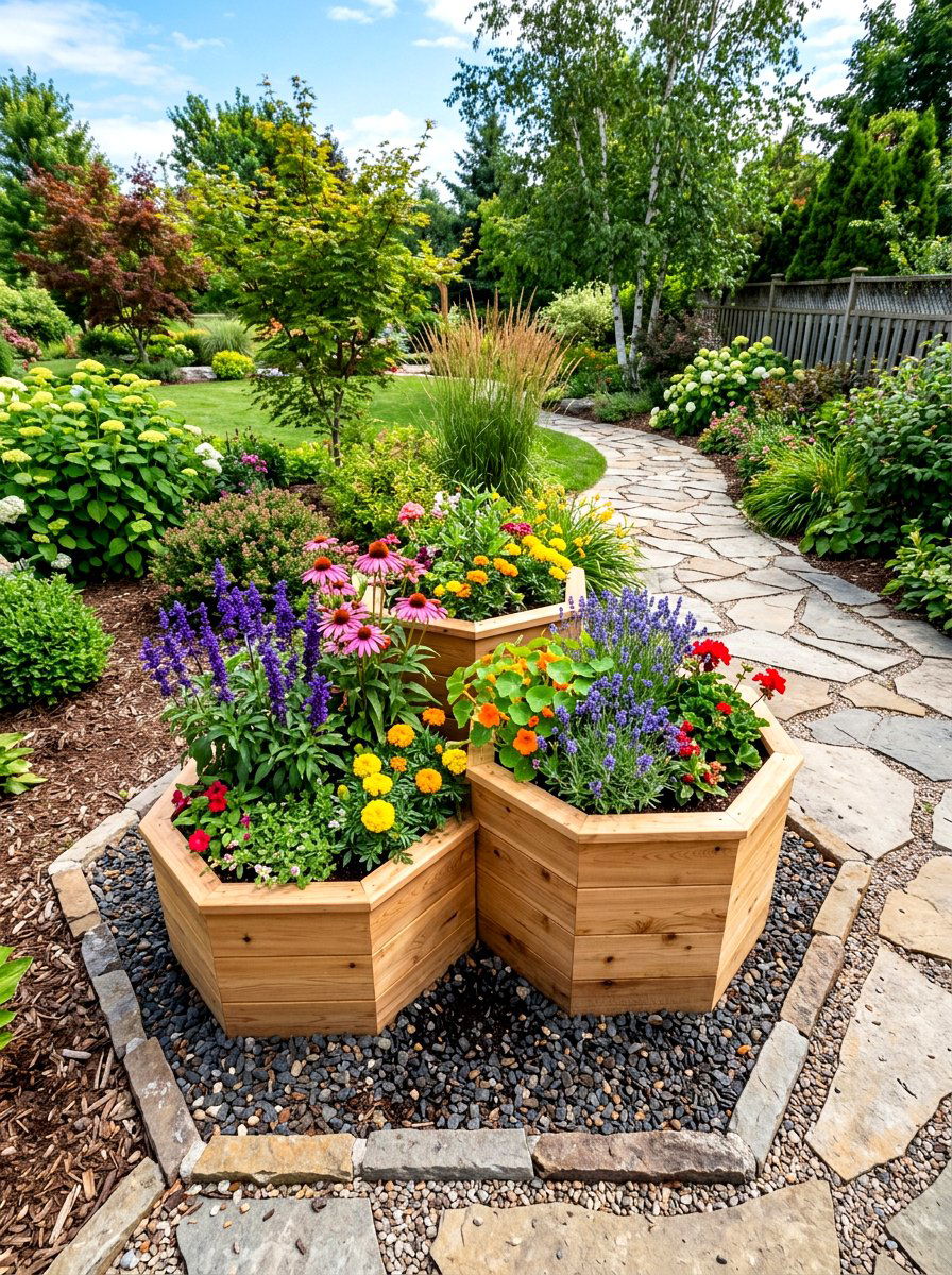 Geometric hexagonal garden bed - 30 wood raised bed ideas