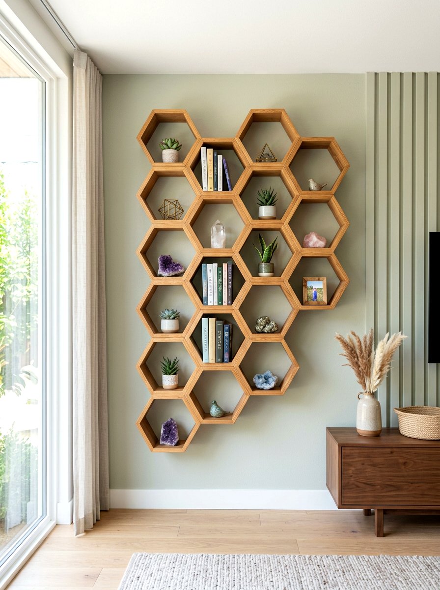 Geometric honeycomb wall shelf - 30 book lover teen room ideas