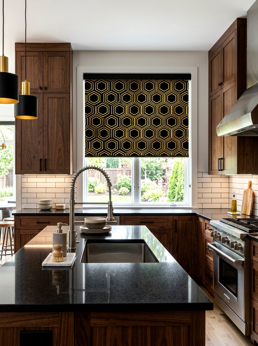 Geometric kitchen shades - 30 kitchen curtain sink ideas