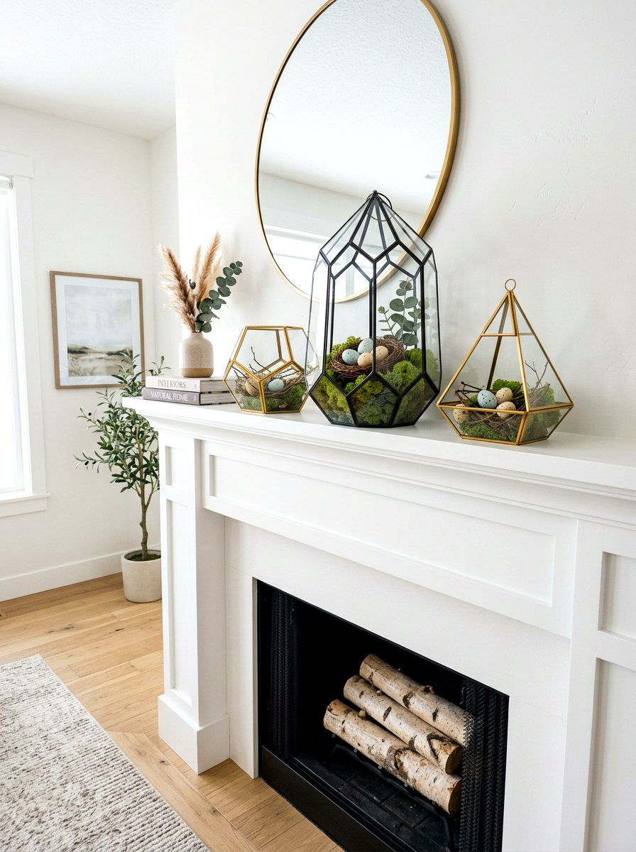 Geometric lantern mantel - 30 spring mantel decor ideas