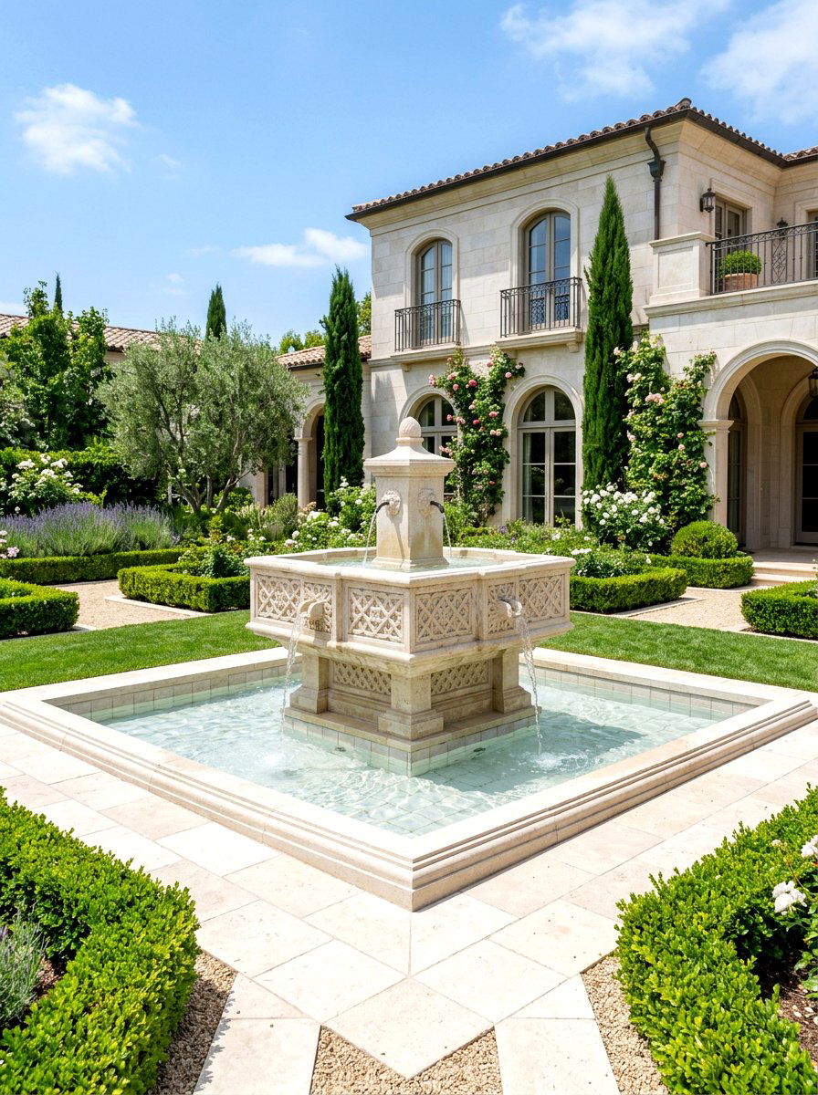Geometric limestone fountain - 30 courtyard fountain ideas