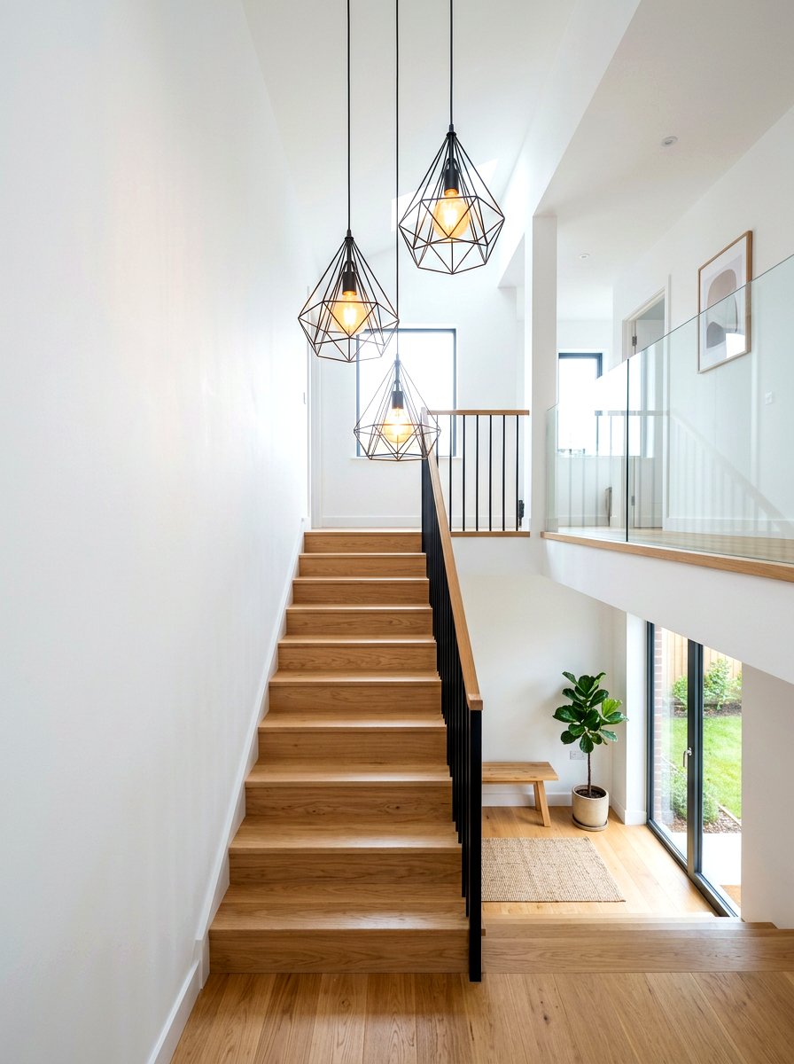 Geometric metal cage pendant lights - 30 statement staircase lighting ideas