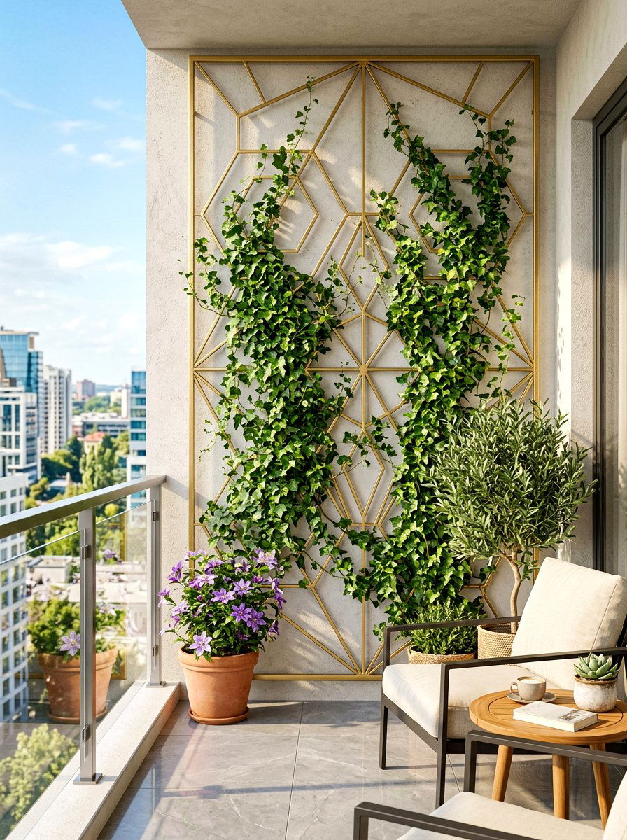 Geometric metal wall trellis - 30 balcony planter wall ideas