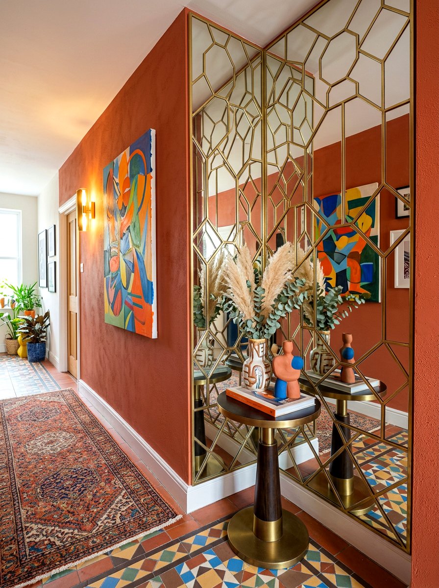 Geometric mirror hallway nook - 30 mirror alcove ideas