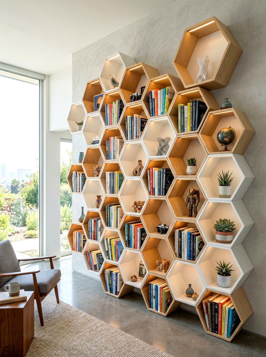 Geometric modular bookshelf - 30 bookshelf styling living room ideas