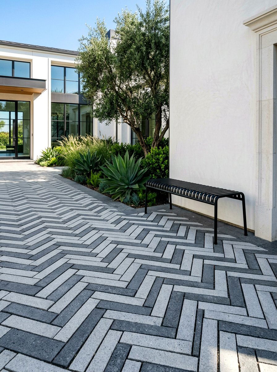 Geometric monochrome stone pavers - 30 black and white patio ideas