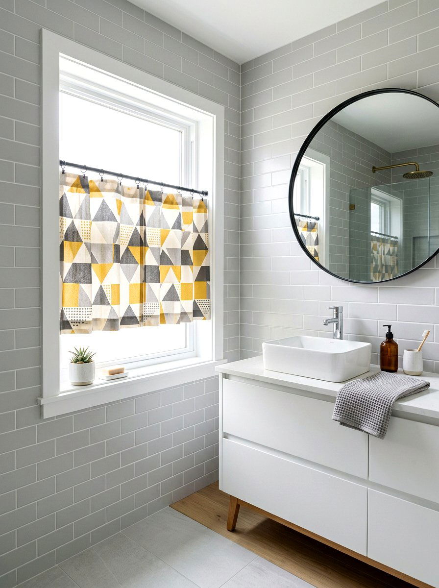 Geometric pattern bathroom cafe curtain - 30 cafe curtain bathroom ideas