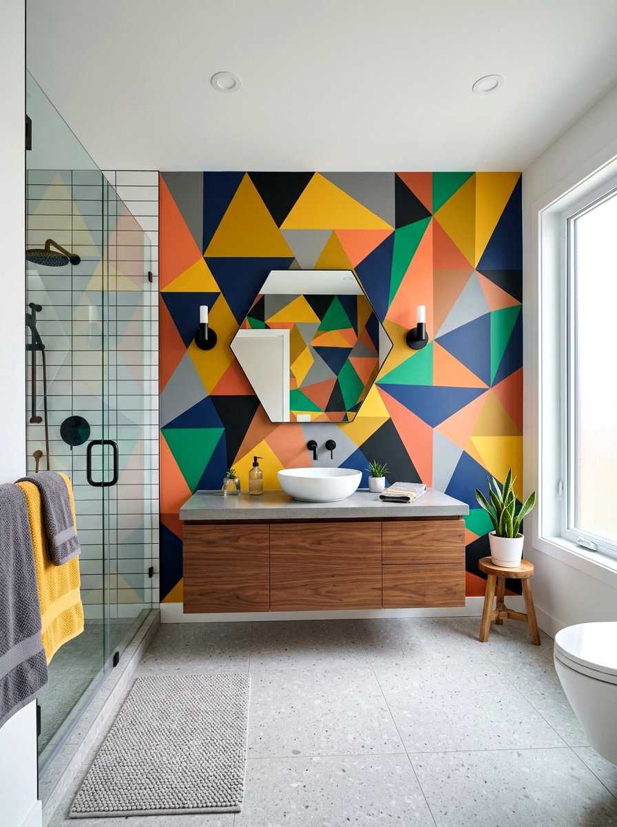 Geometric pattern bathroom mural - 30 mural bathroom ideas