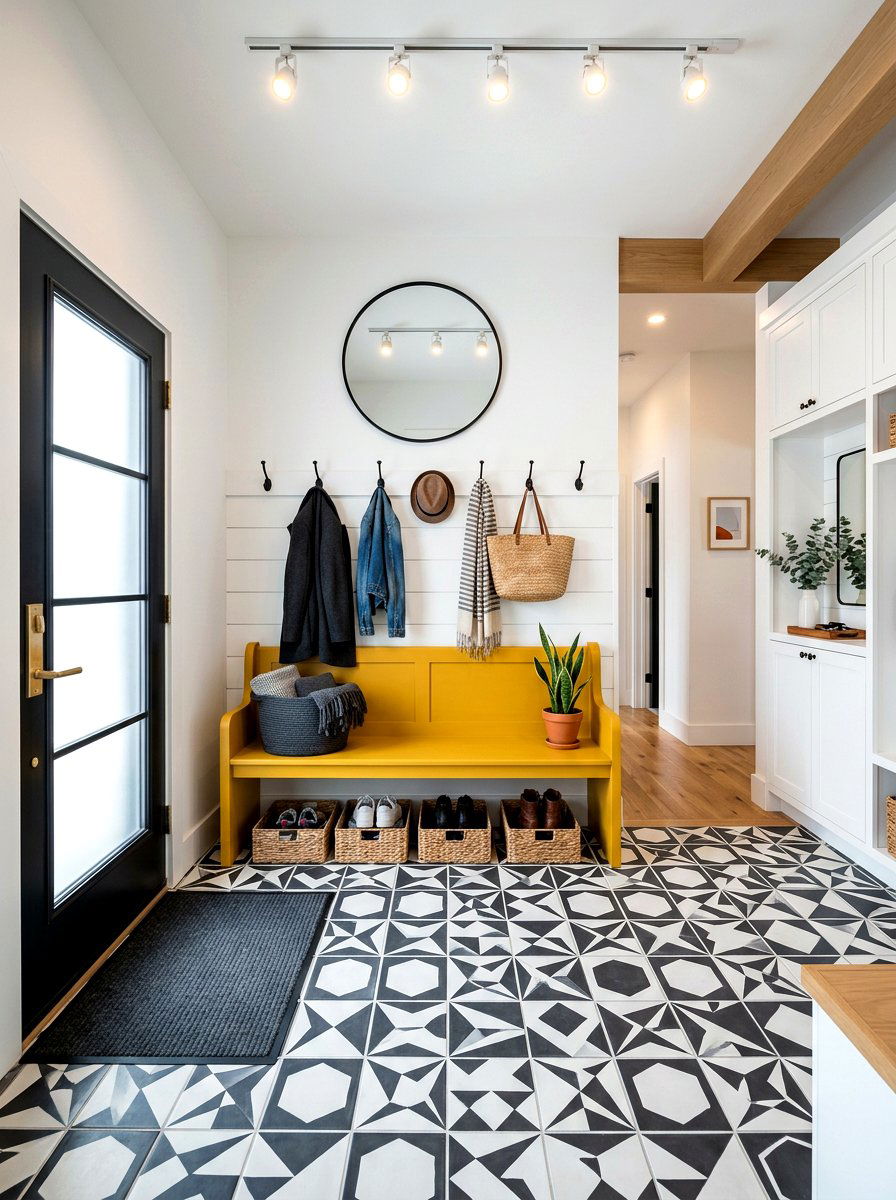 Geometric pattern floor tile - 30 patterned mudroom tile ideas