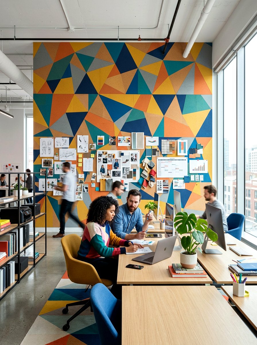 Geometric patterned pinboard wall - 30 pinboard office aesthetic ideas