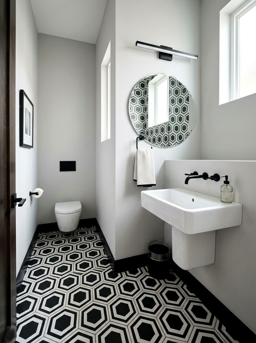 Geometric patterned tile powder room - 30 jewel box powder room ideas