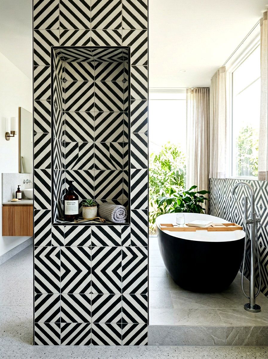 Geometric patterned wall niche - 30 tub niche ideas