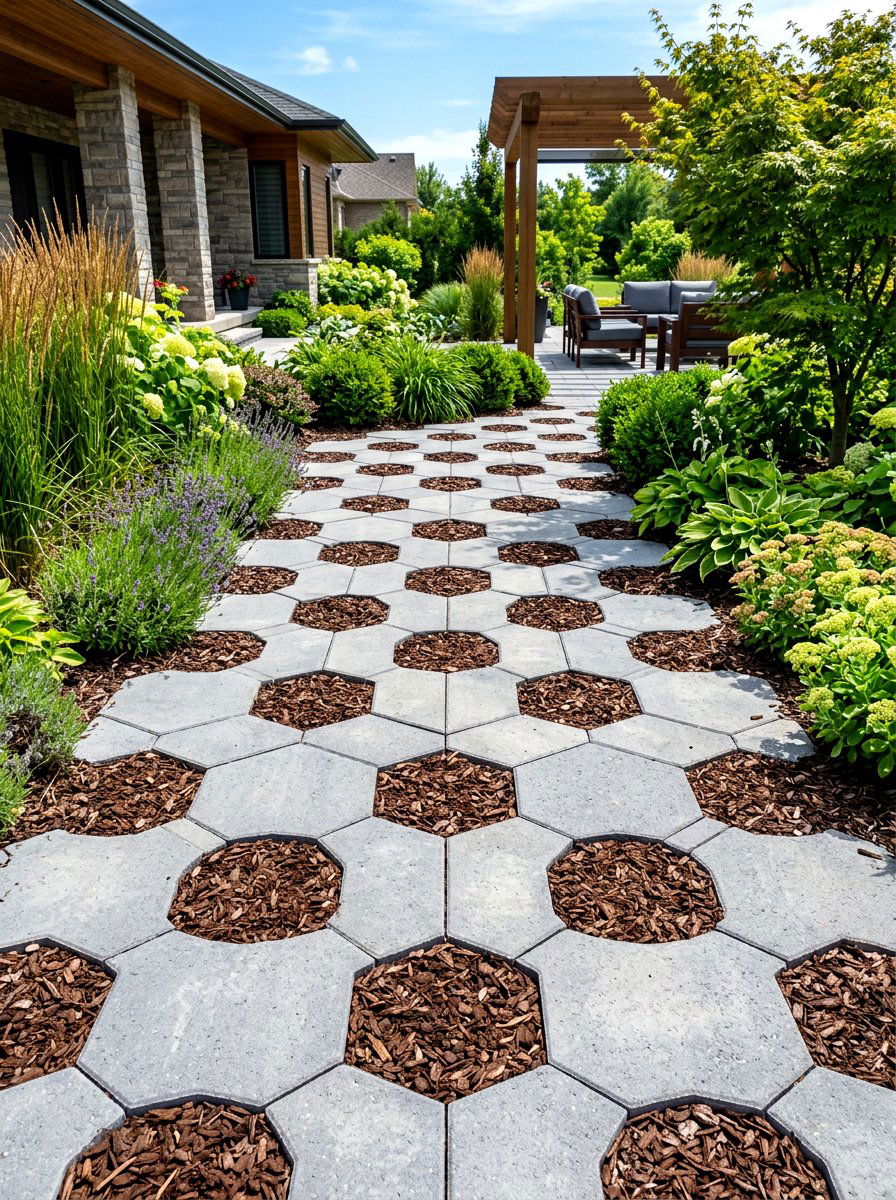 Geometric paver and mulch design - 30 flower bed around tree ideas