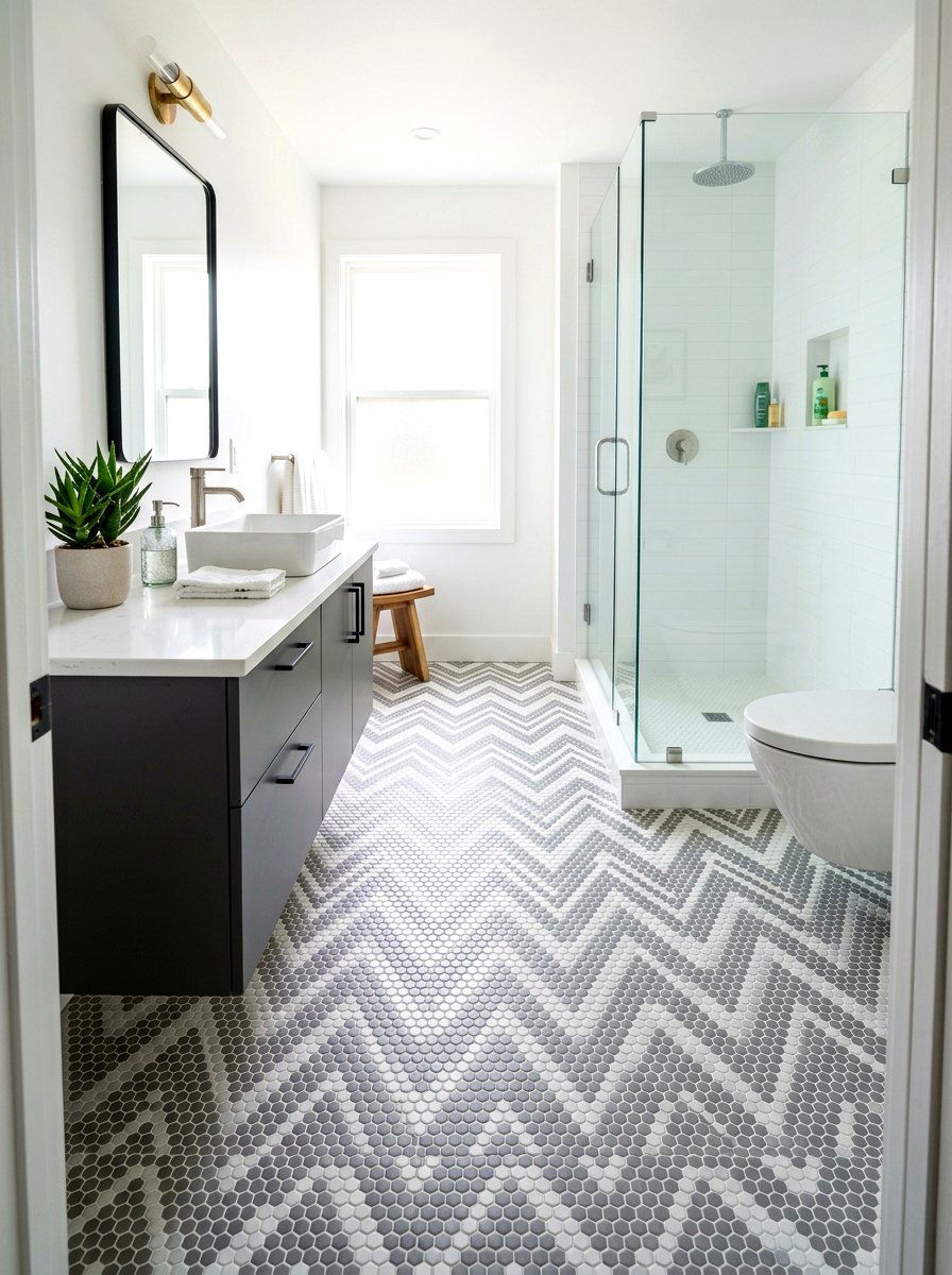 Geometric penny tile floor - 30 penny tile bathroom ideas