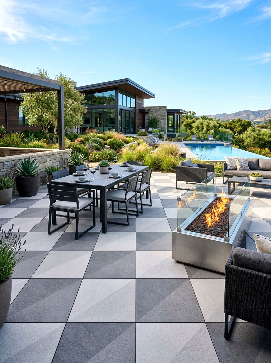 Geometric porcelain paver patio - 30 checkerboard patio paver ideas