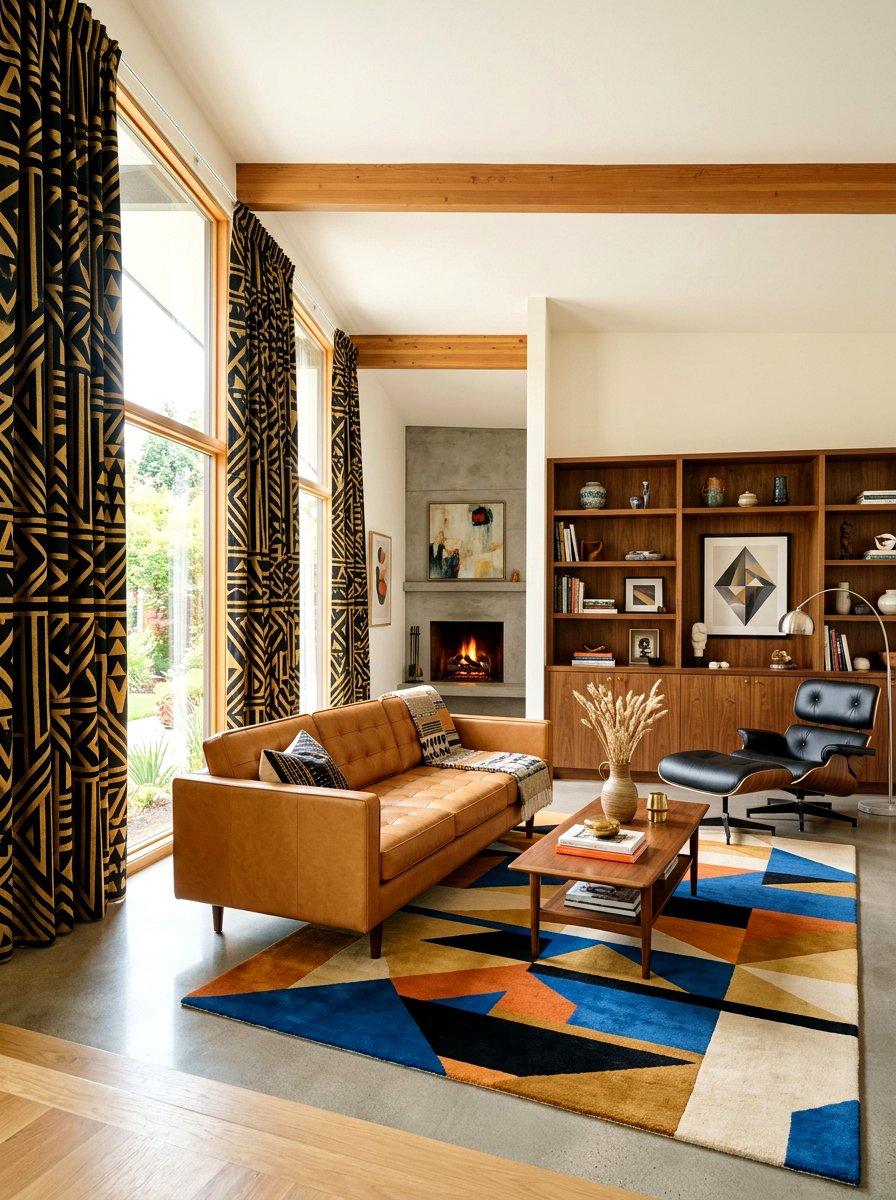 Geometric print curtains - 30 living room curtain ideas