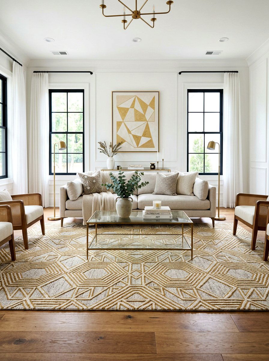 Geometric rug living room flooring - 30 art deco living room ideas