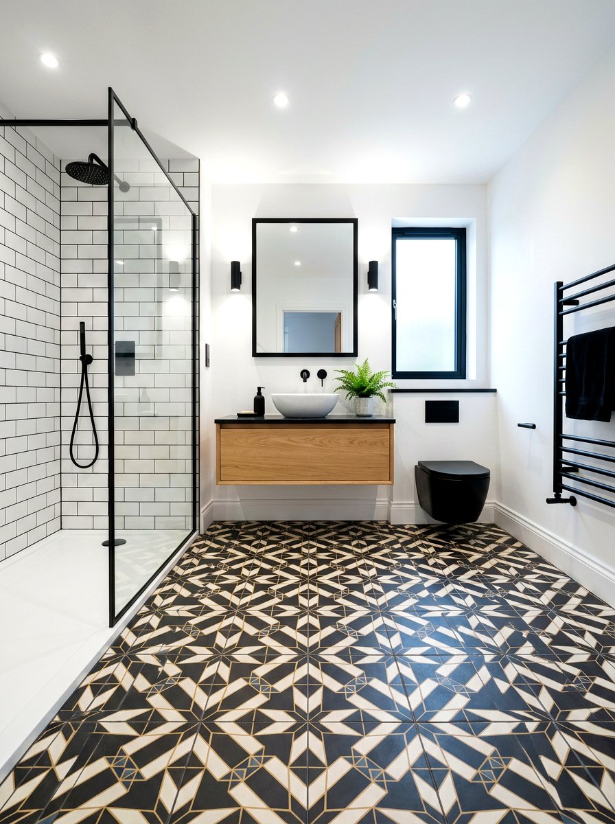 Geometric star pattern floor tile - 30 removable tile bathroom ideas