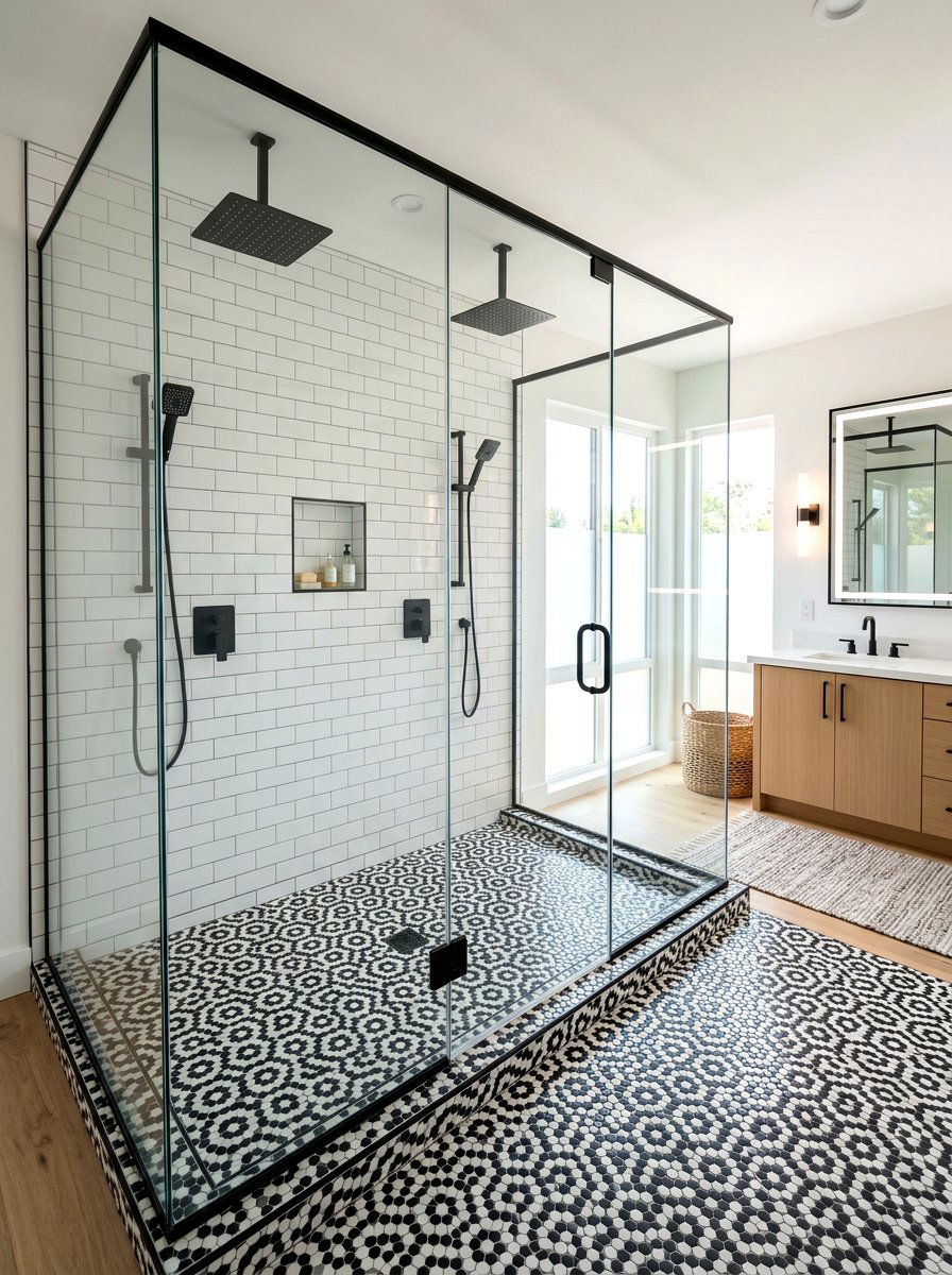 Geometric tile double shower - 30 double shower bathroom ideas