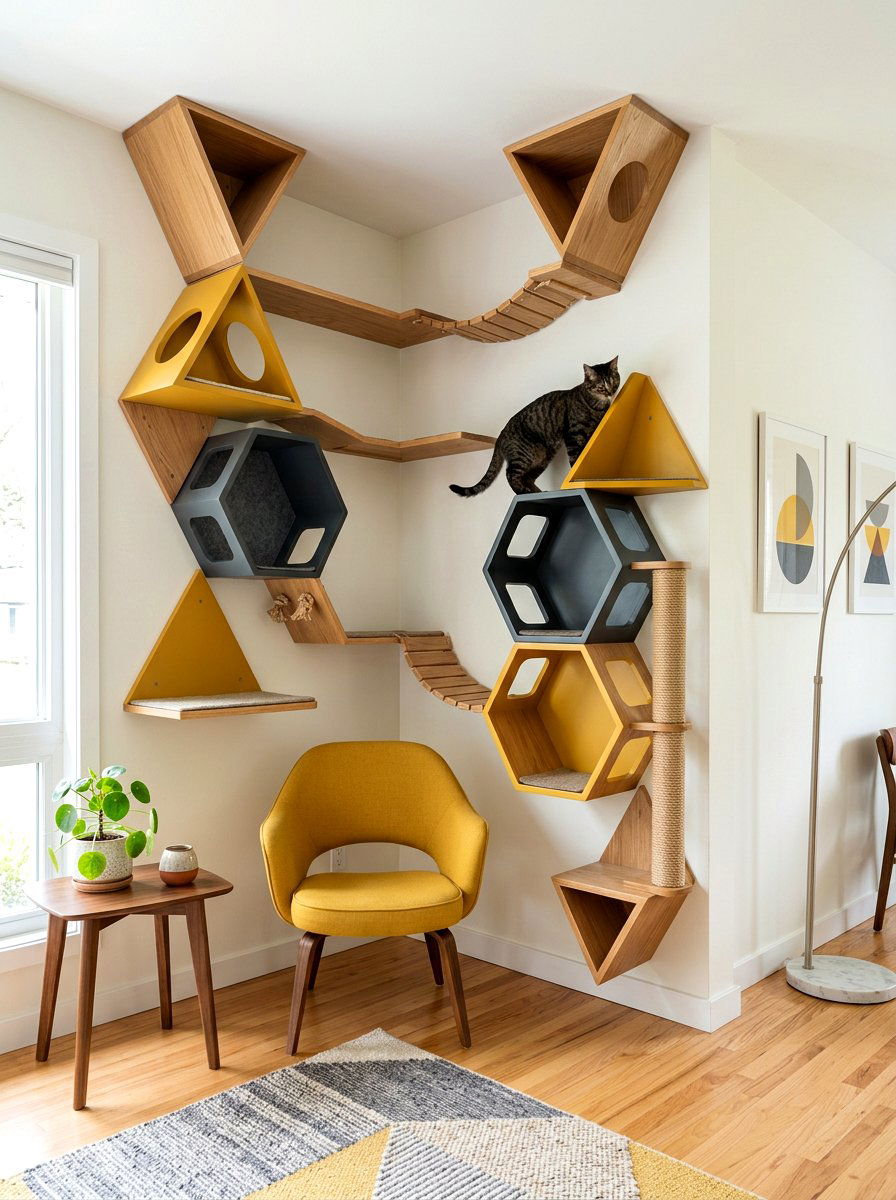 Geometric wall cat climbing corner - 30 cat climbing corner ideas