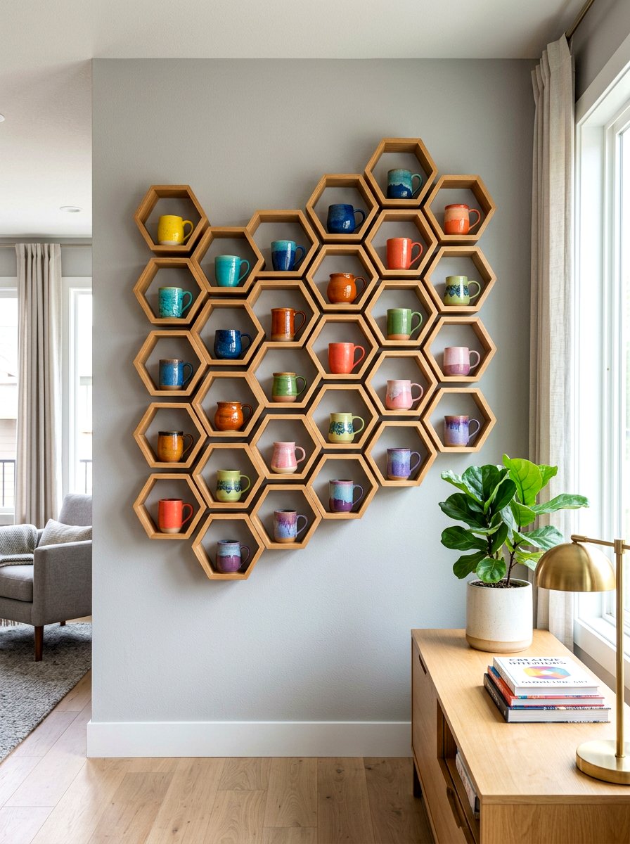 Geometric wall shelf - 30 mug display ideas