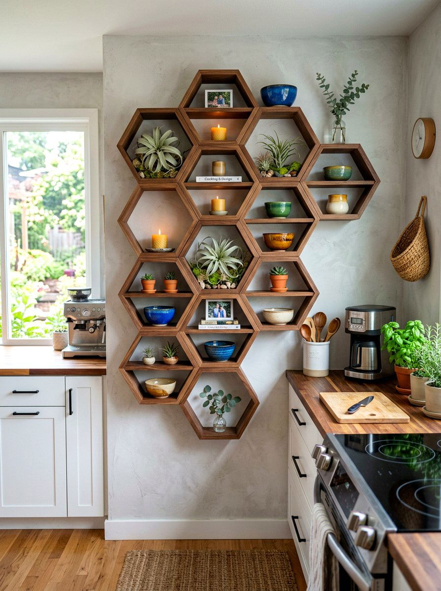 Geometric wall shelf - 30 tiny kitchen open shelf ideas
