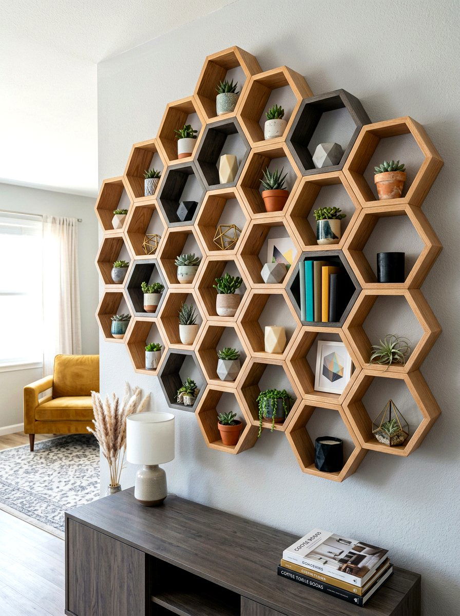 Geometric wall shelves - 30 office shelving styling ideas