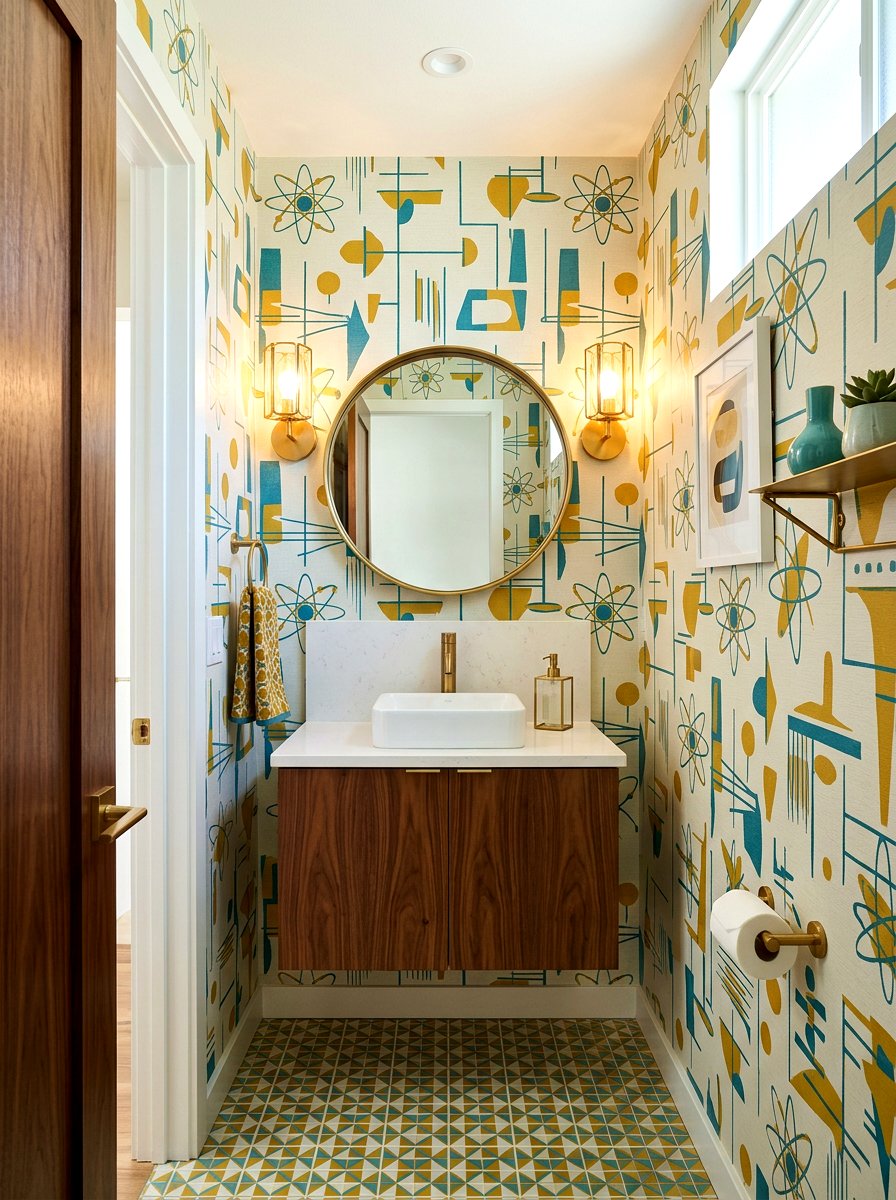 Geometric wallpaper bathroom - 30 mid century bathroom ideas