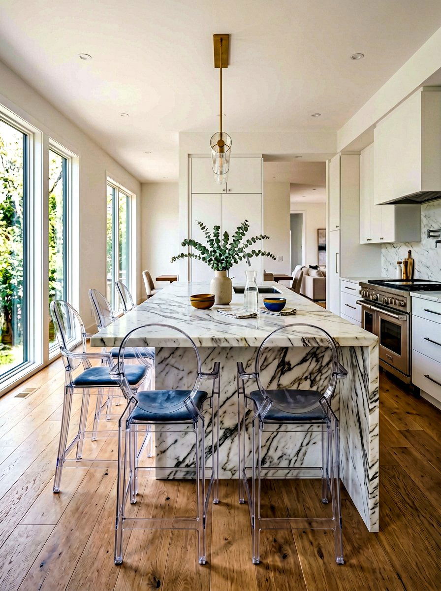 Ghost Chairs For Waterfall Island - 30 waterfall island seating ideas