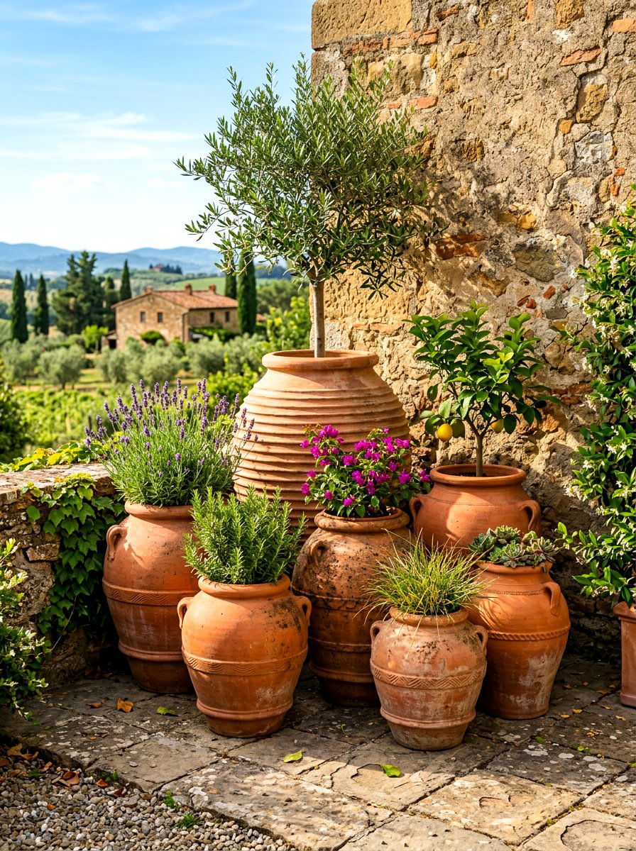 Giant Clay Terracotta Pots - 30 Tuscan revival patio ideas