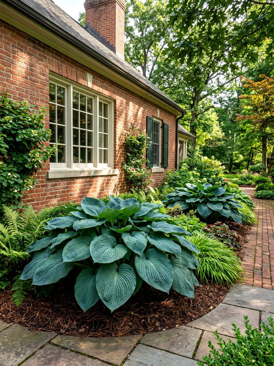 Giant hosta foundation planting - 30 hosta border ideas