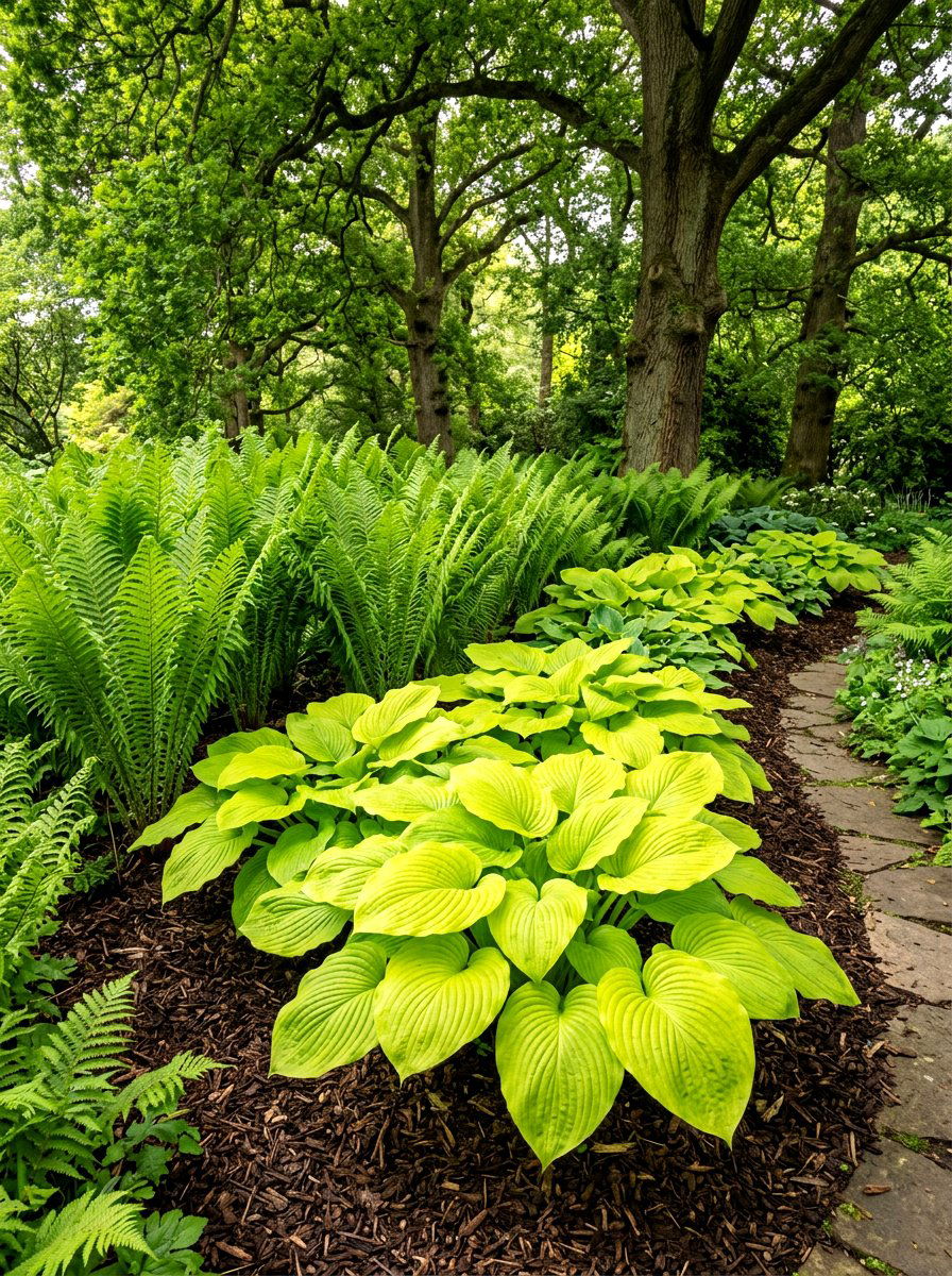 Giant hosta ostrich fern border - 30 hosta and fern garden ideas