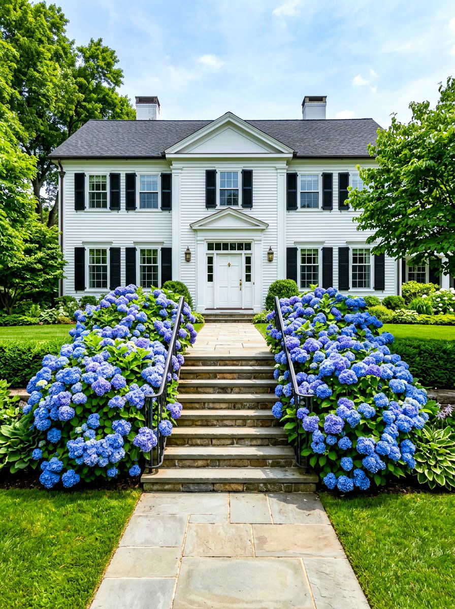 Giant hydrangea bushes front entrance - 30 hydrangea heavy front porch ideas