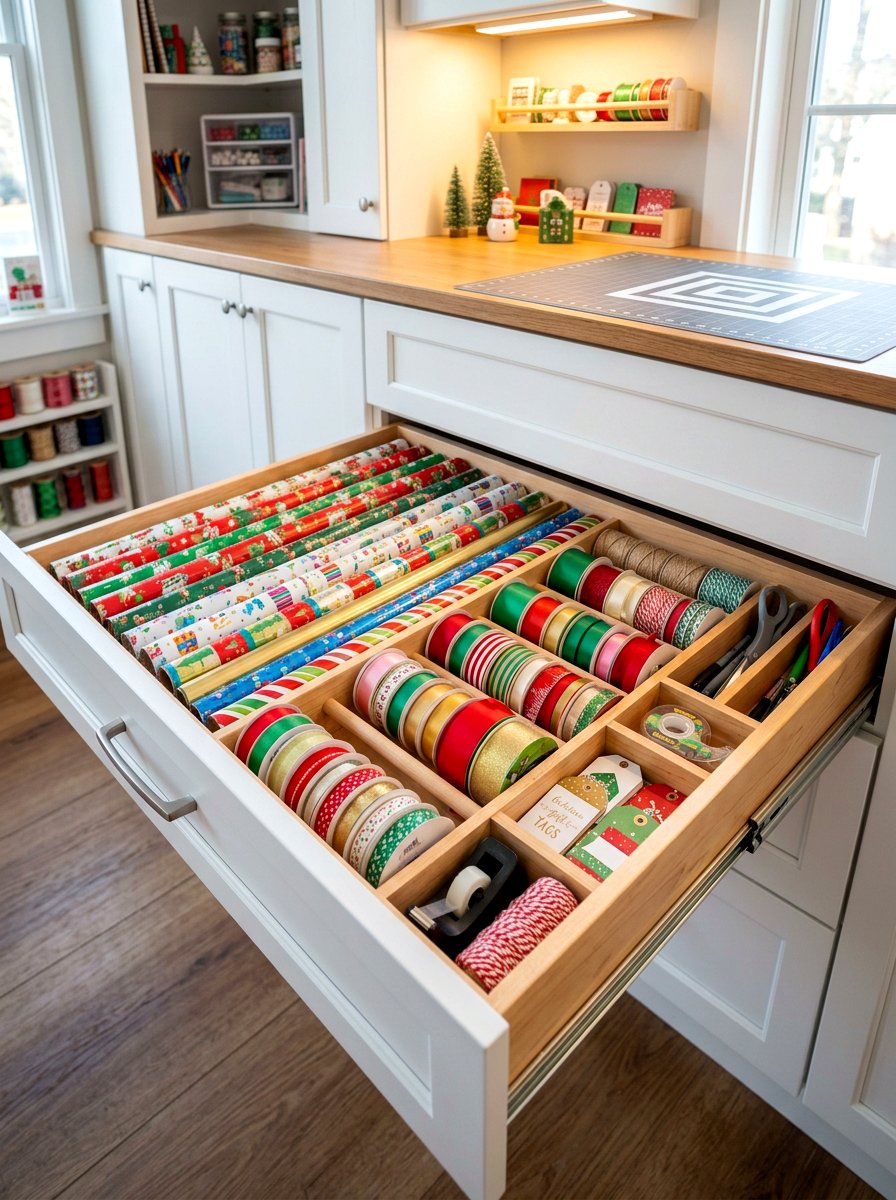 Gift Wrap Organizer - 30 deep drawer storage ideas