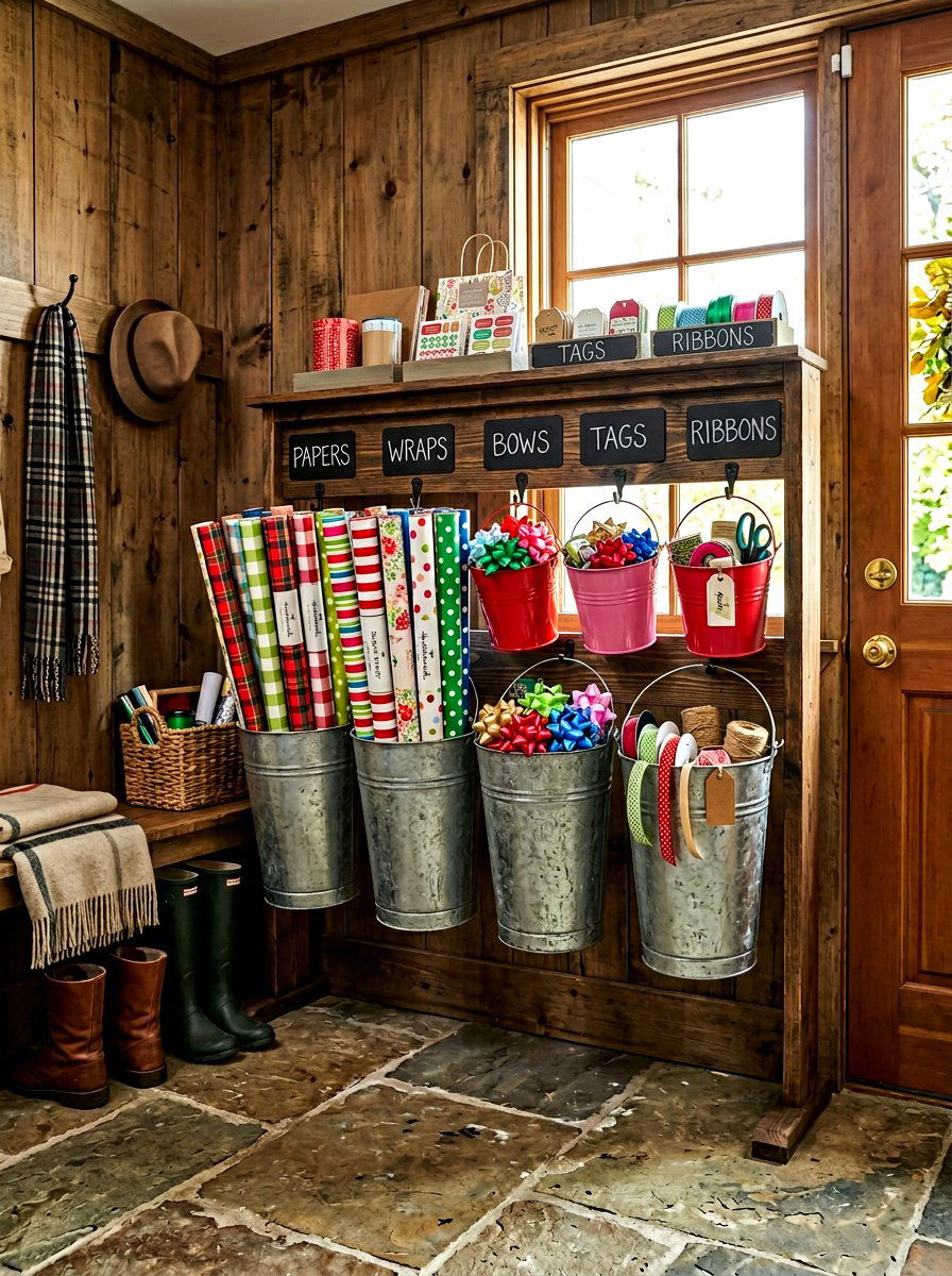 Gift wrap bucket organizer - 30 gift wrapping station ideas