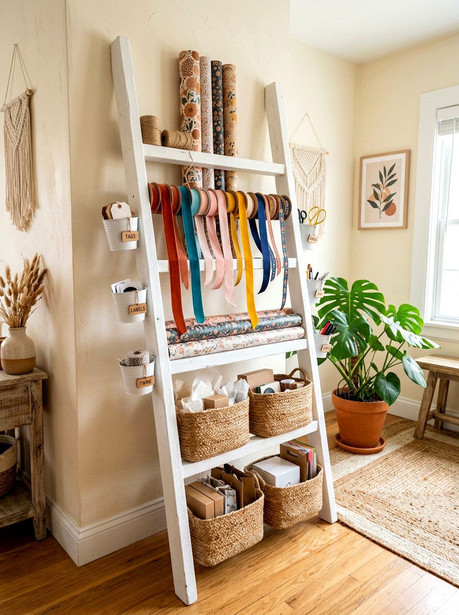 Gift wrap ladder shelf - 30 gift wrapping station ideas