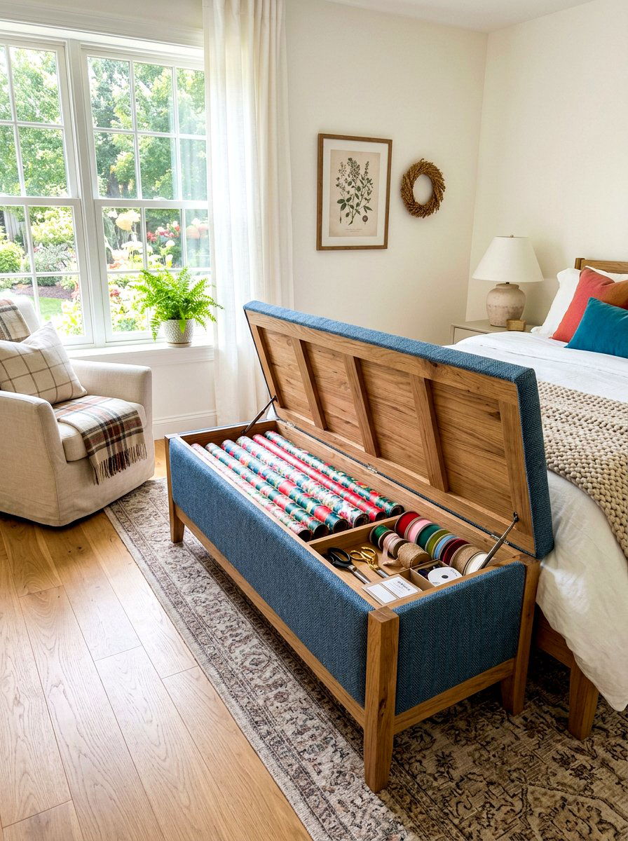 Gift wrap storage bench - 30 gift wrapping station ideas