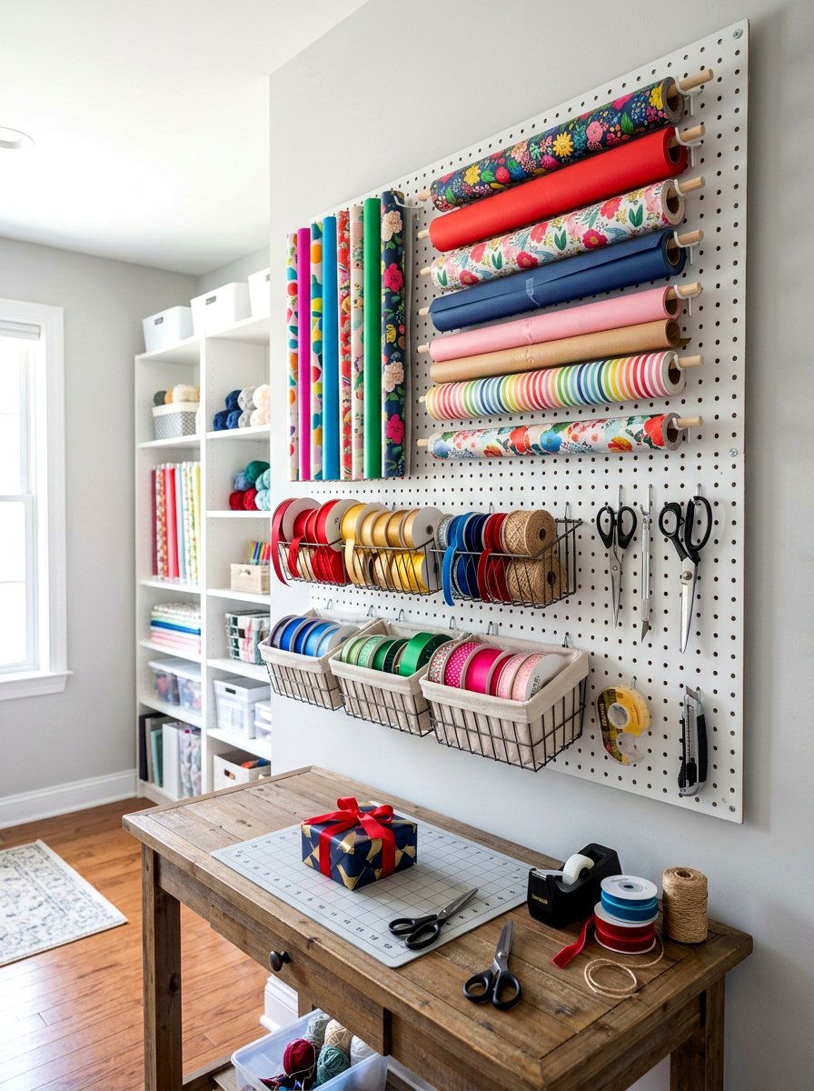 Gift wrapping pegboard - 30 gift wrapping station ideas