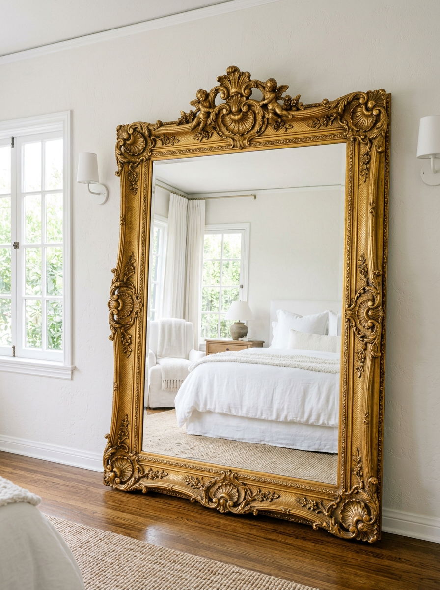 Gilded Ornate Mirror - 30 soft vintage bedroom ideas